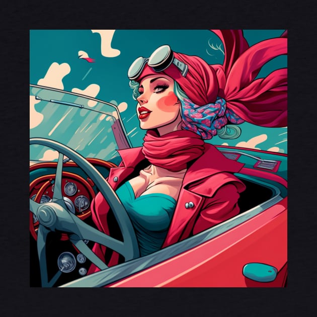 Beautiful woman driving in her convertible with her scarf blowing in the wind. by Liana Campbell